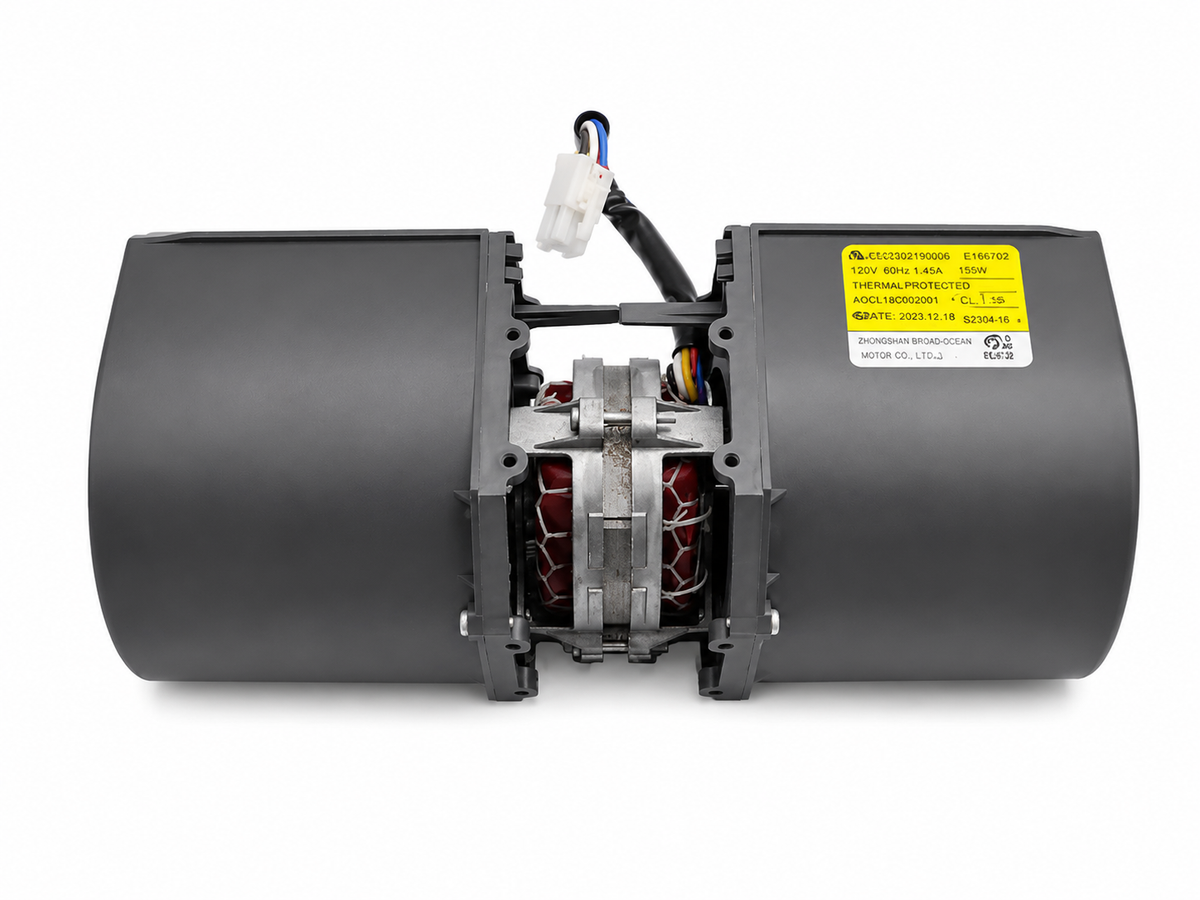 Whirlpool W11441128 microwave fan motor assembly with dual blower wheels, motor housing, wiring harness, and electrical connector. Genuine OEM replacement component designed to circulate air during microwave operation.