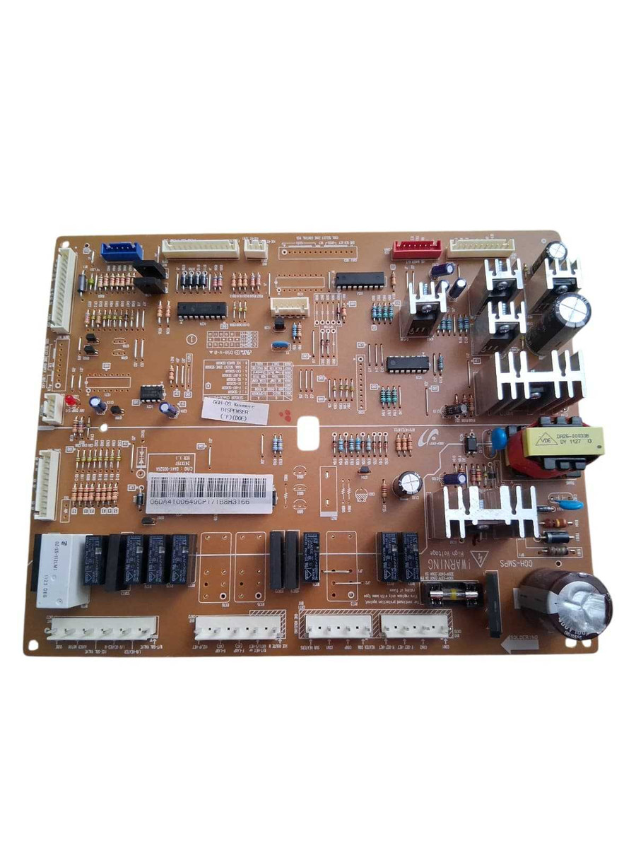 Samsung DA41-00649C refrigerator main control board PCB assembly showing green circuit board with electronic components, connectors, and wiring ports