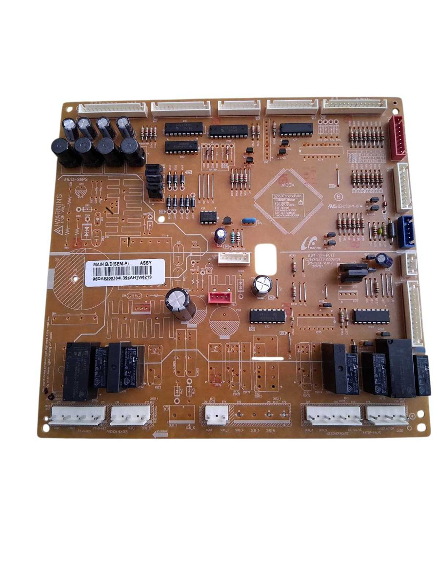 Samsung DA92-00384L refrigerator main control board, genuine OEM replacement part used to fix cooling issues, power failures, and electronic control problems in Samsung refrigerators