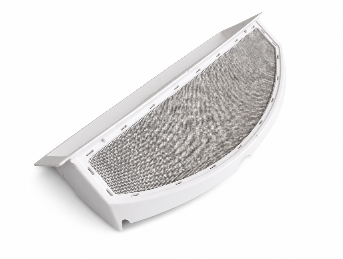 WE18X25100 GE dryer lint filter with white plastic frame and metal mesh screen, front angled view on white background.