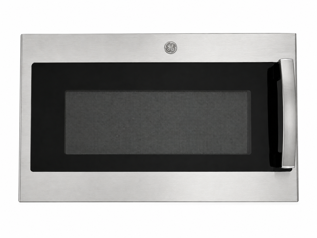 GE WB56X30286 stainless steel microwave door assembly with handle and flat GE logo