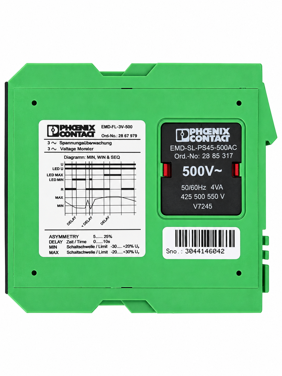 Phoenix Contact 2867979 EMD-FL-3V-500 three-phase voltage monitoring relay with adjustable asymmetry, maximum voltage, minimum voltage, delay and monitoring function controls.