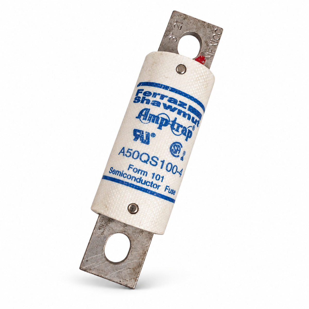 Mersen Ferraz Shawmut A50QS100-4 high-speed semiconductor fuse rated 100A and 500V.