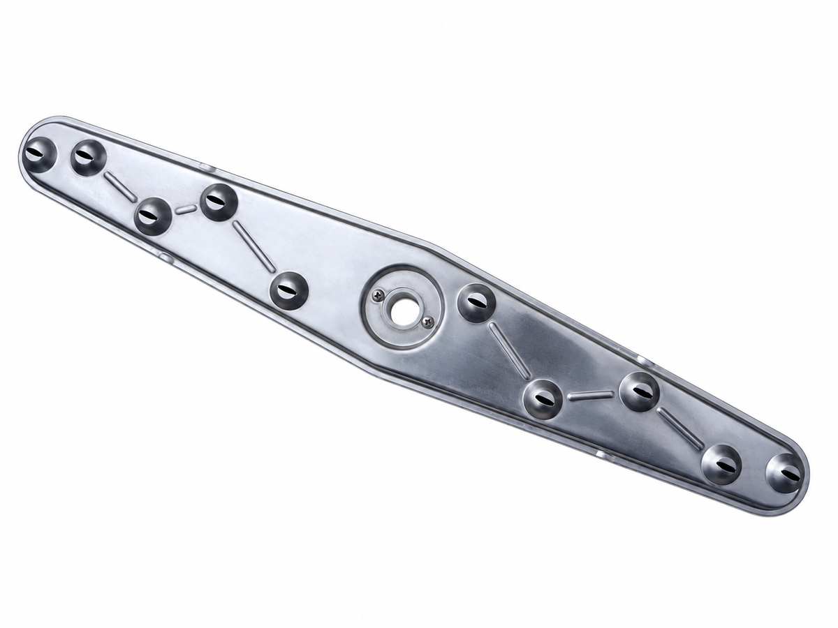 Stainless steel dishwasher wash arm with central mounting bushing and elongated design.
