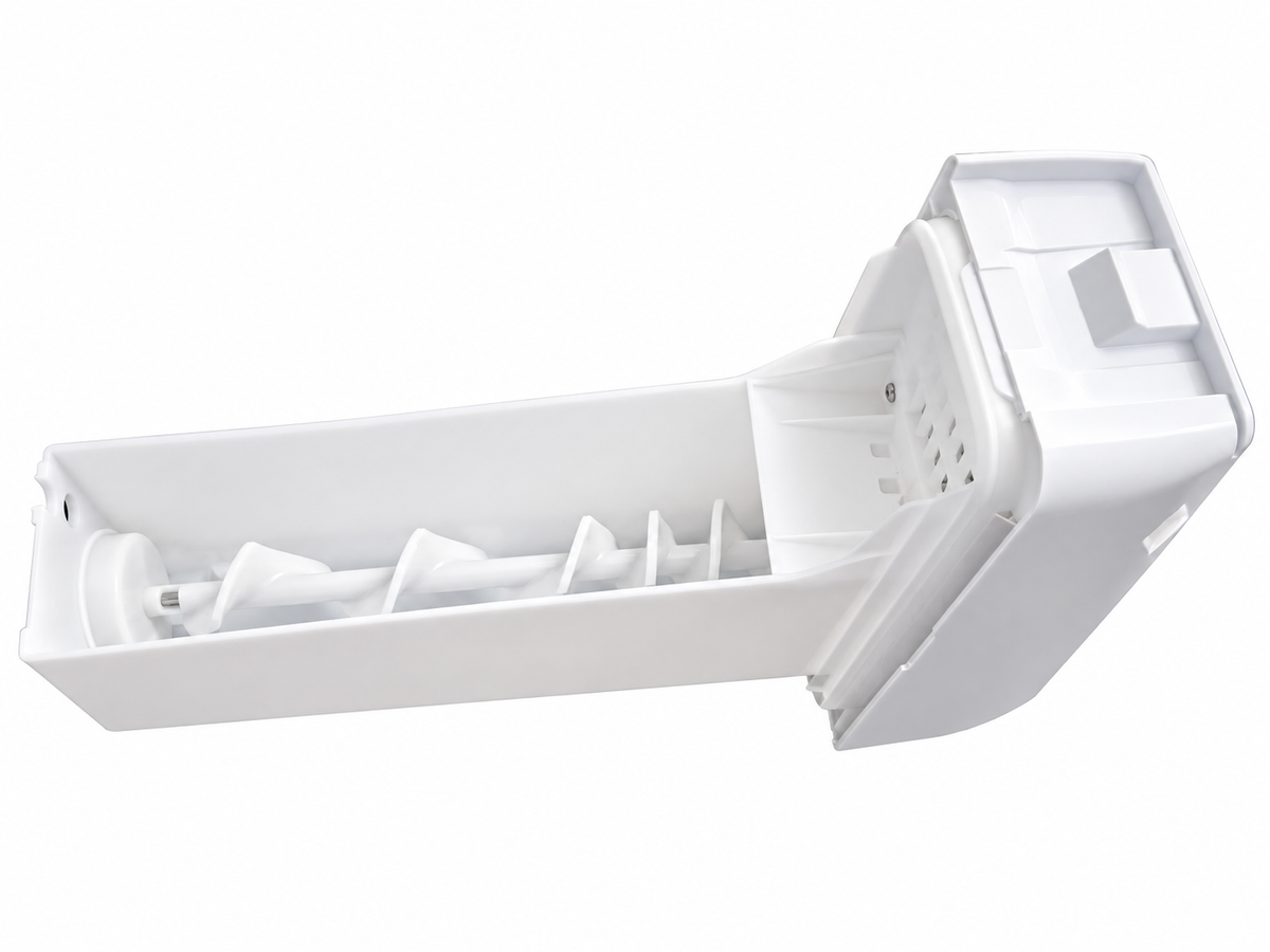 Refrigerator ice bucket assembly with white housing and embossed Ice Max lettering.