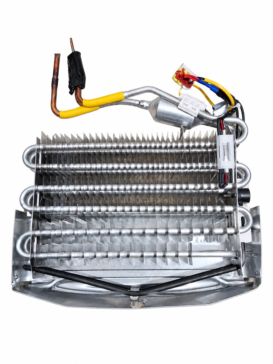 Samsung DA96-01021E refrigerator freezer evaporator assembly with aluminum fins, copper tubing, and electrical connectors.