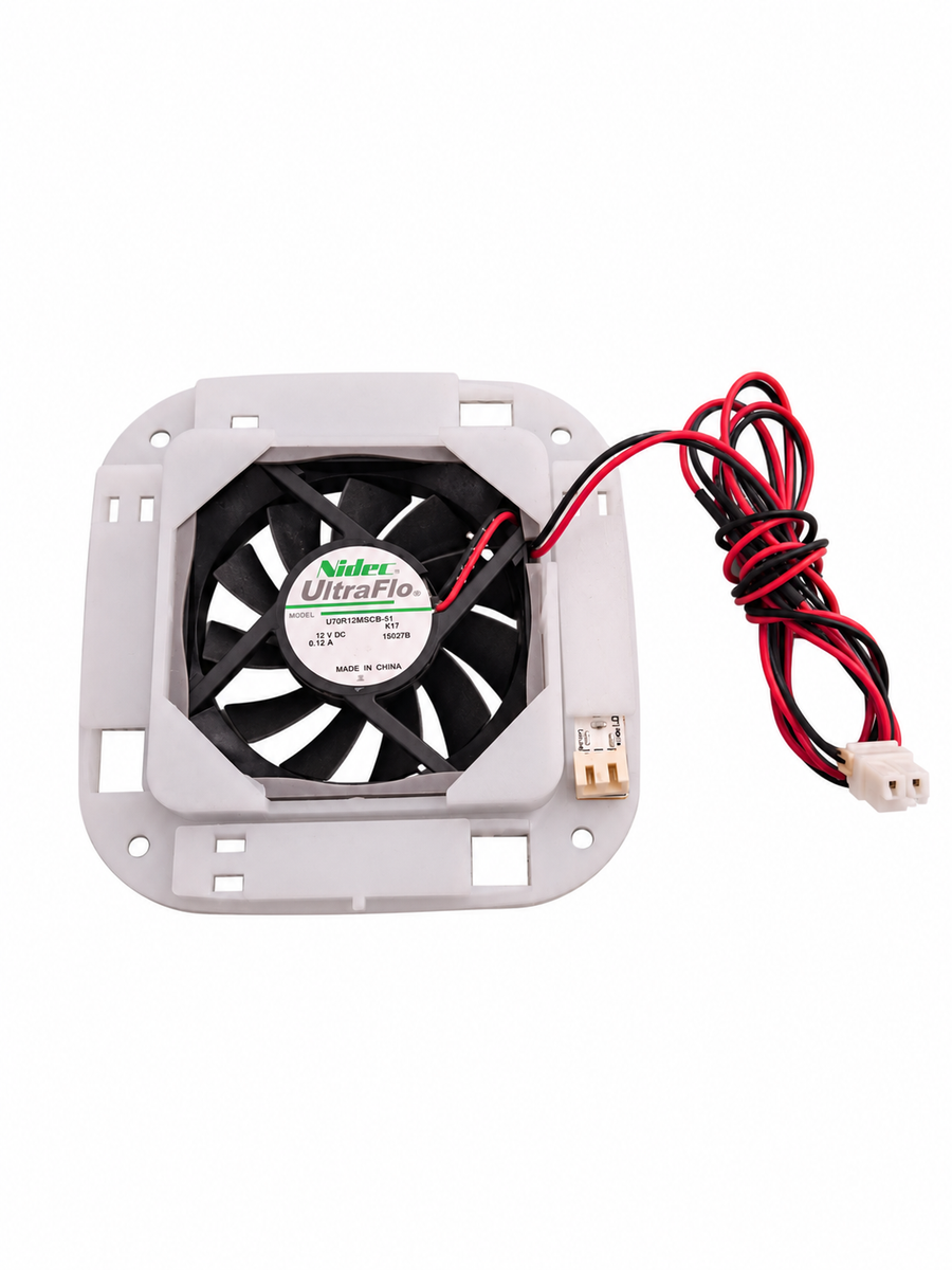 NIDEC U70R12MS5CB-51 refrigerator cooling fan with manufacturer label, mounting frame, and wiring connector.
