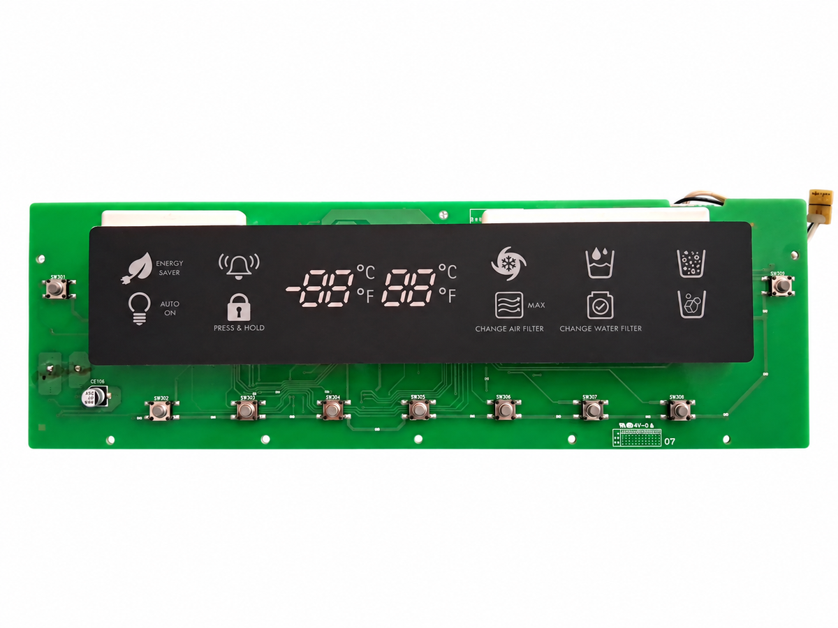 Kenmore Elite EBR73330701 refrigerator dispenser control board with temperature display and control buttons.