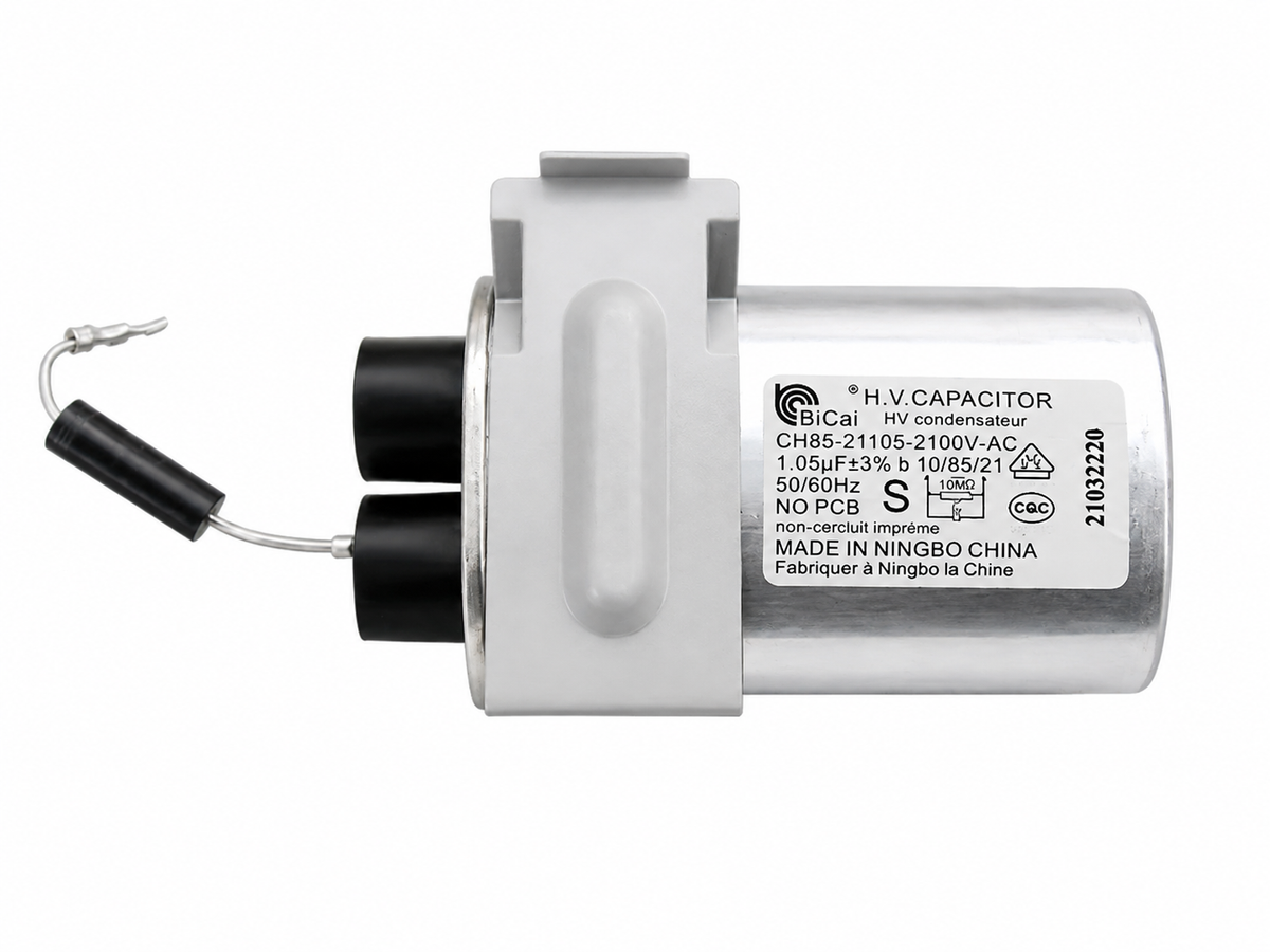 Whirlpool W10850446 microwave high voltage capacitor assembly with mounting bracket, terminal connections, and attached discharge resistor. Genuine OEM replacement component used in compatible Whirlpool microwave ovens.