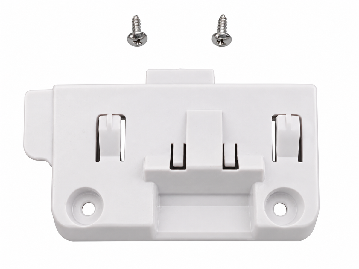 Samsung DA97-14471A refrigerator ice bucket latch with white plastic housing and two mounting screws.