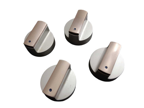 "A set of sleek, durable control knobs designed for Whirlpool ranges, model W10815991. These knobs feature a smooth, stainless-steel finish with clear, black markings for precise temperature and function adjustments. The ergonomic design allows for easy grip and operation, fitting securely onto the range's control posts. Each knob includes a polished surface that resists smudges and fingerprints, enhancing both functionality and appearance. The back of the knob has a D-shaped shaft opening for simple installation on compatible Whirlpool range models."