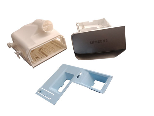 Genuine Samsung DC97-22579B washing machine detergent dispenser tray assembly, front load washer soap drawer replacement part.