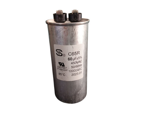 C65R run capacitor, 60 µF ±5% 450VAC, cylindrical metal housing with dual terminals on top, labeled 60 MFD 50/60 Hz 100000 AFC. Used for motors, HVAC units, and appliances.