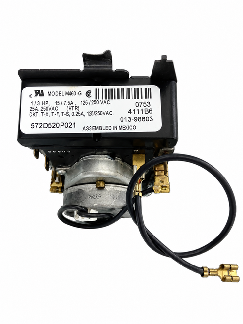 Genuine OEM GE dryer timer WE4M271 with white housing, metal mounting plate, and multiple electrical terminals.
