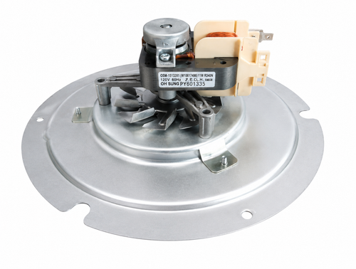 W11527111 Whirlpool range convection fan motor with electrical connector and mounting bracket.