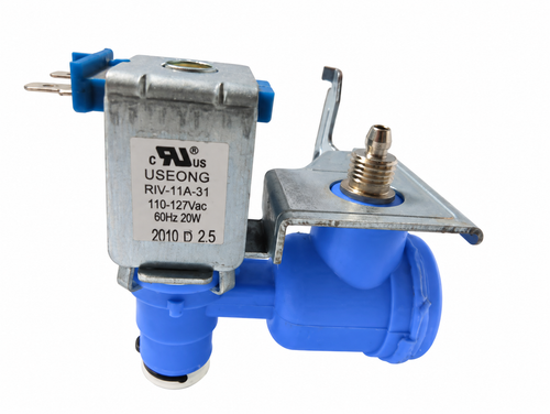 Samsung DA62-01477A refrigerator water valve with blue housing and metal mounting bracket.