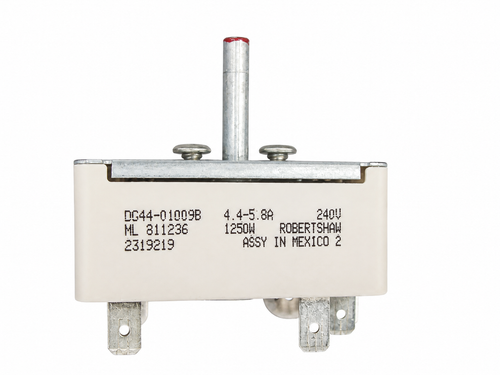 Front view of Samsung DG44-01009B genuine OEM refurbished range surface burner energy regulator switch showing the control shaft, mounting bracket, and electrical terminals.