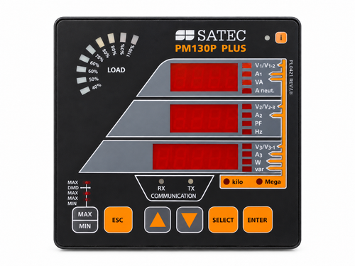 SATEC PM130P PLUS multifunction three-phase digital power meter with LED display, keypad, and load monitoring bar for industrial electrical power monitoring systems
