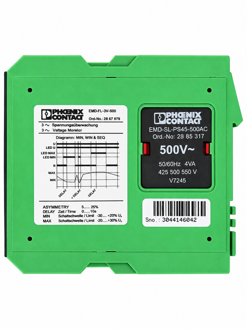 Phoenix Contact 2867979 EMD-FL-3V-500 three-phase voltage monitoring relay with adjustable asymmetry, maximum voltage, minimum voltage, delay and monitoring function controls.