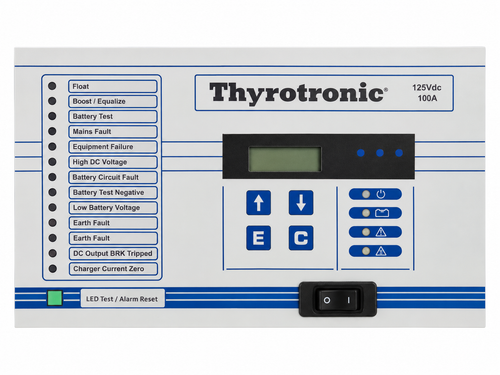 BENNING THYROTRONIC 125VDC 100A extended display control alarm panel front view with LCD, control buttons, status indicators, alarm indicators, EDP Test / Alarm Reset and power switch.