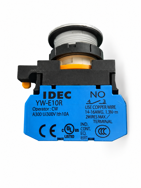 IDEC YW-E10R contact block with blue 1NO housing, terminals, and mounting assembly.