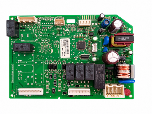 Whirlpool W11034366 refrigerator control board showing electronic components and wiring connectors.