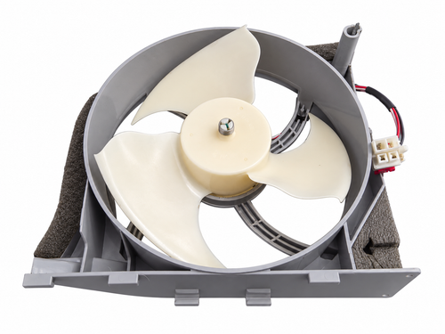 Samsung DA97-15765C refrigerator condenser fan motor assembly with housing and wiring.