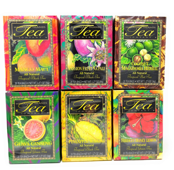 Hawaiian Islands Tea Company Tropical Tea Assortment, 6 All-Natural Flavors, 120 Tea Bags Blended and Packed in Hawaii (Pack of 6)