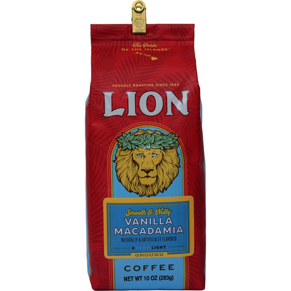 Lion Coffee, Vanilla Macadamia Flavor Light Roast - Ground Coffee 10 Ounce Bag