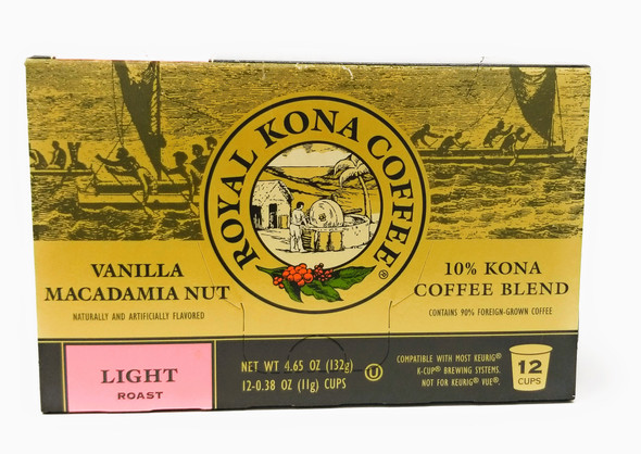 Royal Kona Coffee Vanilla Macadamia, Light Roast, Single-Serve Coffee Pods - 12 Count Box