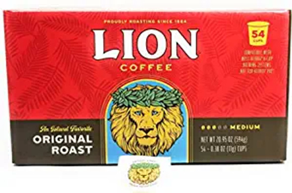 Lion Coffee Single Serve Coffee Pods ORIGINAL Roast (Pack of 54) with Exclusive Lion Coffee Factory Direct Brand Registered Sticker, AN ISLAND FAVORITE