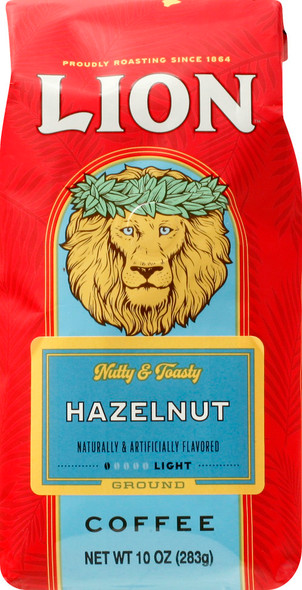Lion Coffee, Hazelnut Flavor, Light Roast, Ground, 10 Ounce Bag