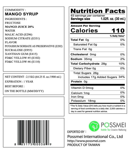 Possmei Bubble Tea Syrup Mango Flavor 5.5 lbs. Imported from Taiwan