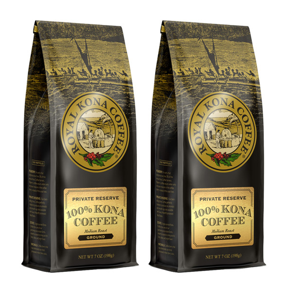ROYAL KONA COFFEE Ground - 100% Hawaiian Kona Coffee, Private Reserve, Medium Roast, (Pack of 2)