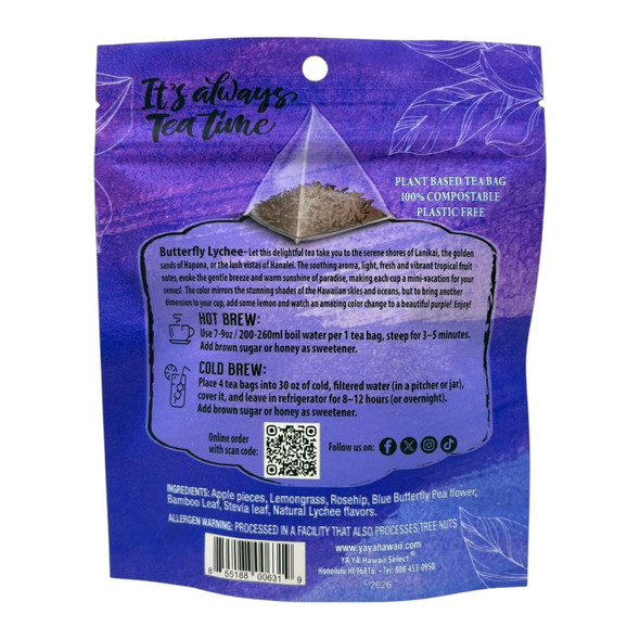 YaYa Hawaii Select Butterfly Lychee Tea 6 Compostable Bags Blue to Purple 0.55 Oz - view 2