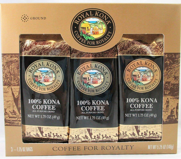 Royal Kona Coffee for Royalty 100% Kona Coffee Ground Gift Set (Three 1.75 Oz. Single Pot Bags)