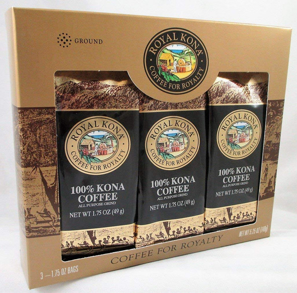 Royal Kona Coffee for Royalty 100% Kona Coffee Ground Gift Set (Three 1.75 Oz. Single Pot Bags)