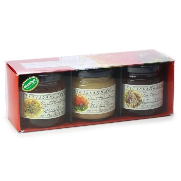 Big Island Bees Gourmet Hawaiian Honey Gift Set – 3 Floral Varieties, 4.5 oz Glass Jars