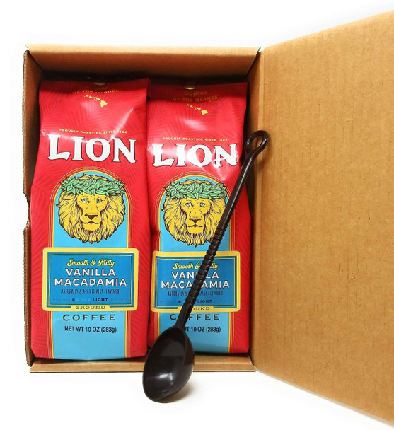Lion Coffee VANILLA MACADAMIA Smooth & Nutty Ground (Two 10 Oz. Bags) with 10-gram Coffee Scoop in Crush Proof Corrugated Mailer (Pack of 2)
