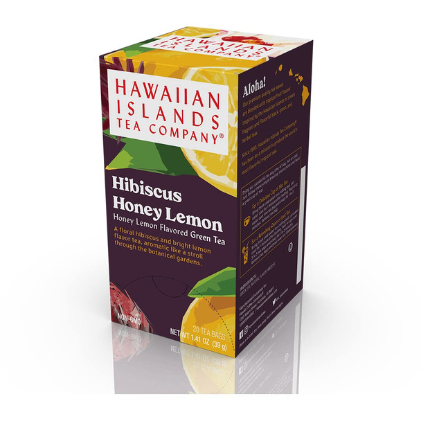 Hawaiian Islands Hibiscus Honey Lemon Tropical Green Tea, All Natural - 20 Teabags