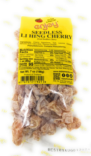 Enjoy Hawaii Snacks Seedless Li Hing Cherry - 7 oz Bag - Dried, Sweet, Tart and Savory Snack - Perfect for On-The-Go