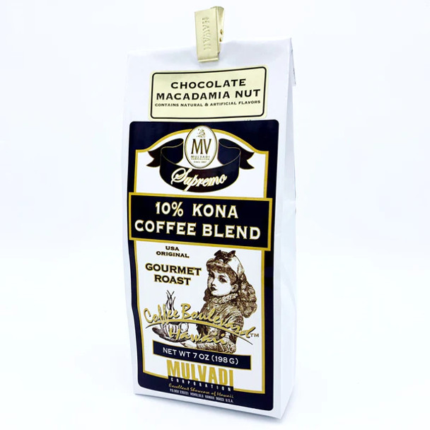 Mulvadi 10% Kona Coffee Blend 7 oz with Aloha Hawaii Bag Clip (Chocolate Macadamia Nut)