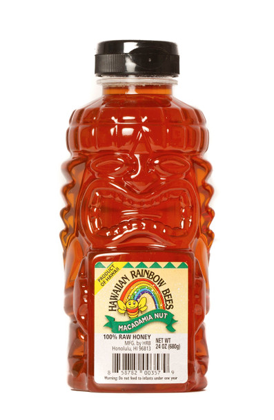 Hawaiian Rainbow Bees Macadamia Nut Flavor Honey in a Tiki Bottle (24oz)