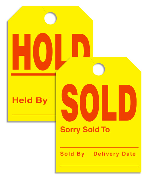 Rearview Mirror Hang Tags Sold/Hold – Red on Yellow, 8.5" x 11.5" Qty 50