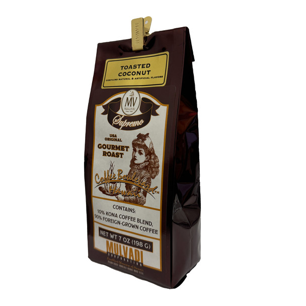 Mulvadi 10% Kona Coffee Blend Toasted Coconut Ground 7 oz Bag
