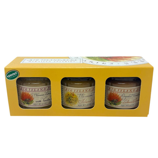 Big Island Bees Hawaiian Spiced Honey Gift Set - 3 Jars of Lehua Vanilla Bean, Island Spice and Organic Lehua Cinnamon Honey - Artisan Hawaii Gift 4.5oz Each