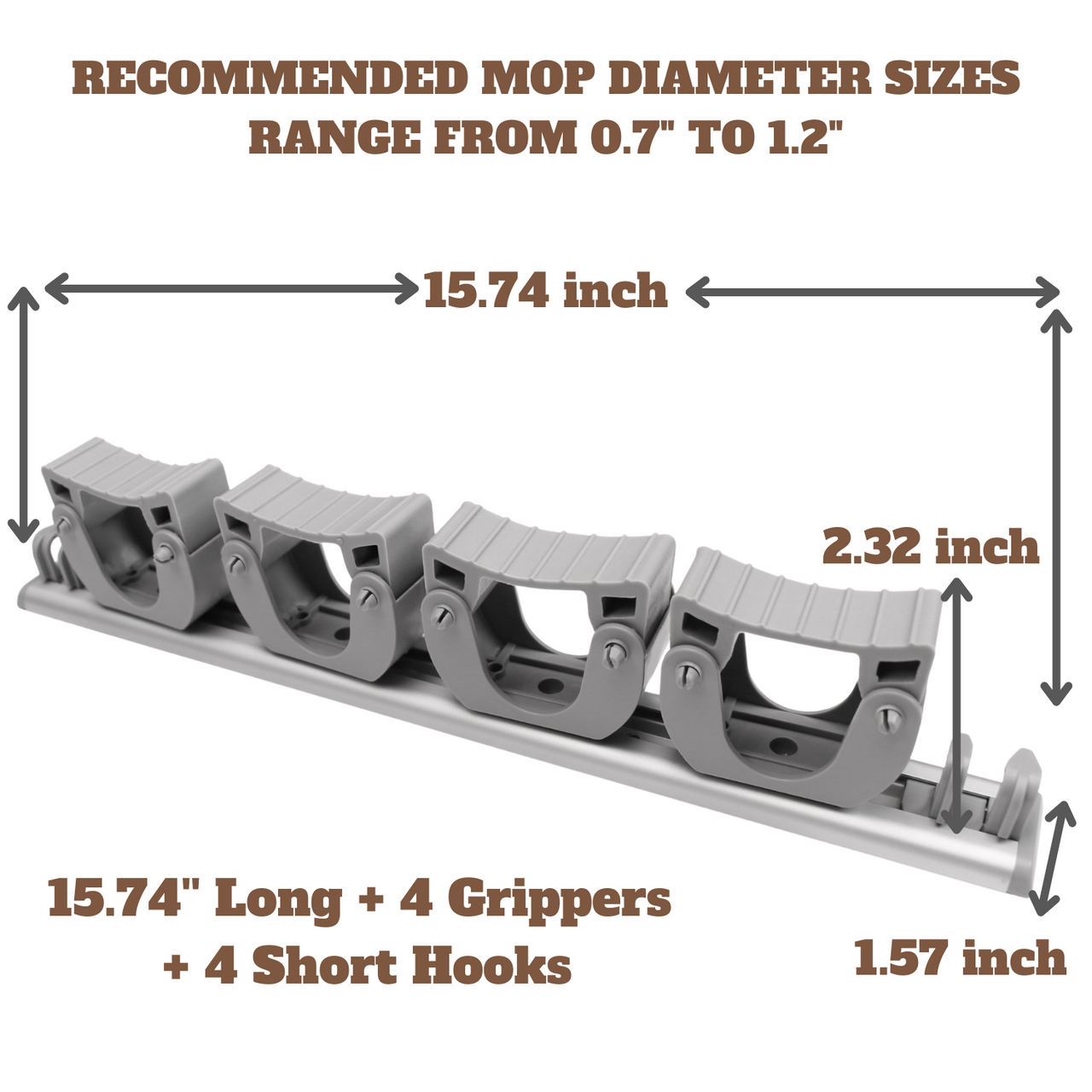 (2-Pack) Mop & Broom Holder Wall Mounted Metal Tool Storage Organizer Rack,  Silver, 4 Slots & 5 Hooks