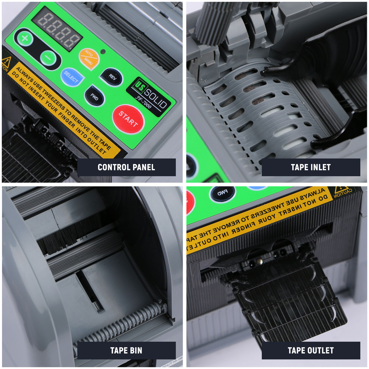  U.S. Solid Máquina cortadora eléctrica JF-7000 de cinta con  dispensador automático de cinta, ancho de cinta 0.236-2.362 in de longitud  0.197-39.331 in, cortador de cinta adhesiva Rueda de alimentación de  silicona