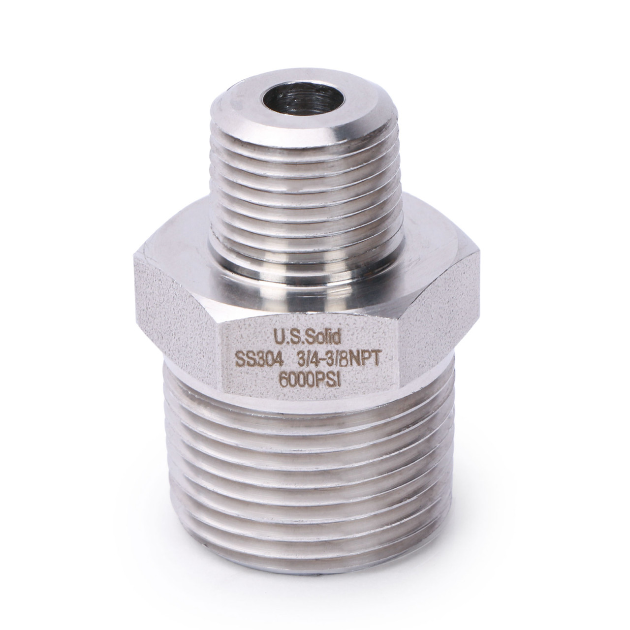 U.S. Solid 304 Stainless Steel Lead Free 6000 psi High Pressure Hex Nipple,  3/4 x 3/8 NPT Male Thread Pipe Adapter(1 pc) - U.S. Solid