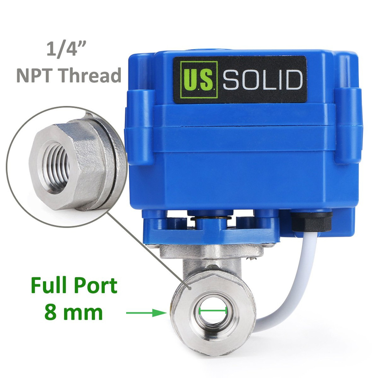 U.S. Solid Motorized Ball Valve- 1/4” Stainless Steel Electrical Ball Valve with Full Port, 9-24 V AC/DC, 2 Wire Auto Return